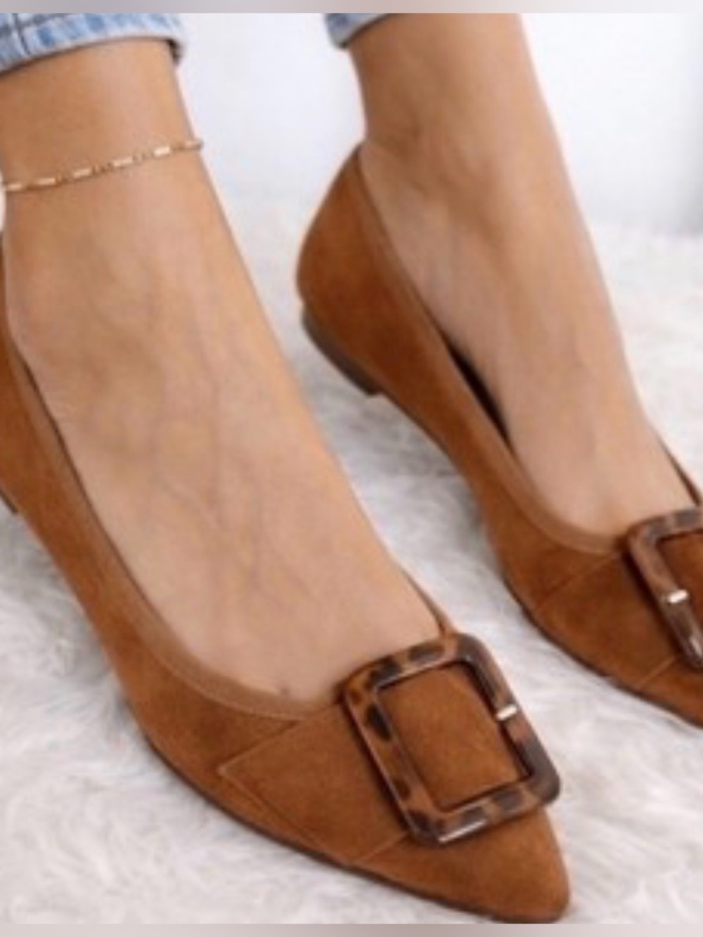 Women's Pointed Toe Suede Flats with Buckle - Brown